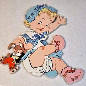 Vintage Dolly Toy Co 1952 Nursery Decor Child Baby Bunny Wood Cutout READ Flaws